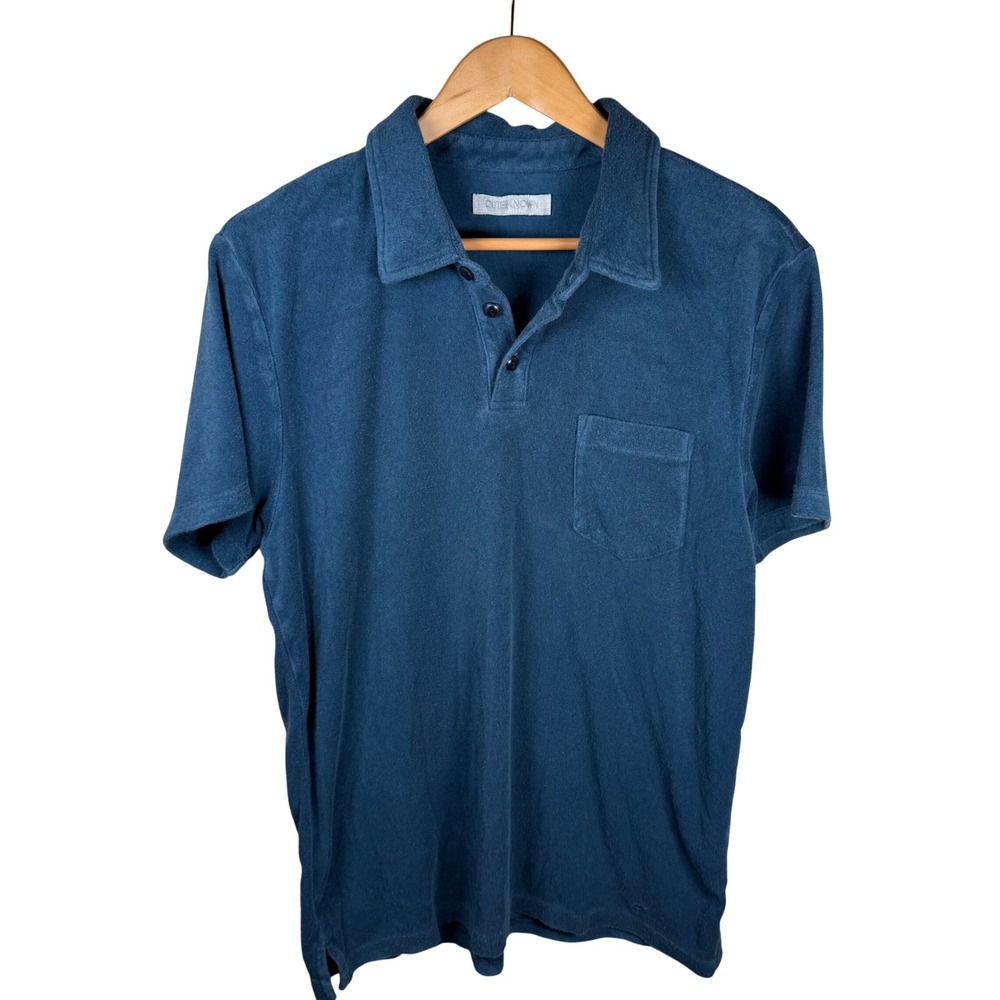 Outerknown Polo Shirt Mens Medium Blue Terry Cloth Eco Beach Soft Preppy Vacay